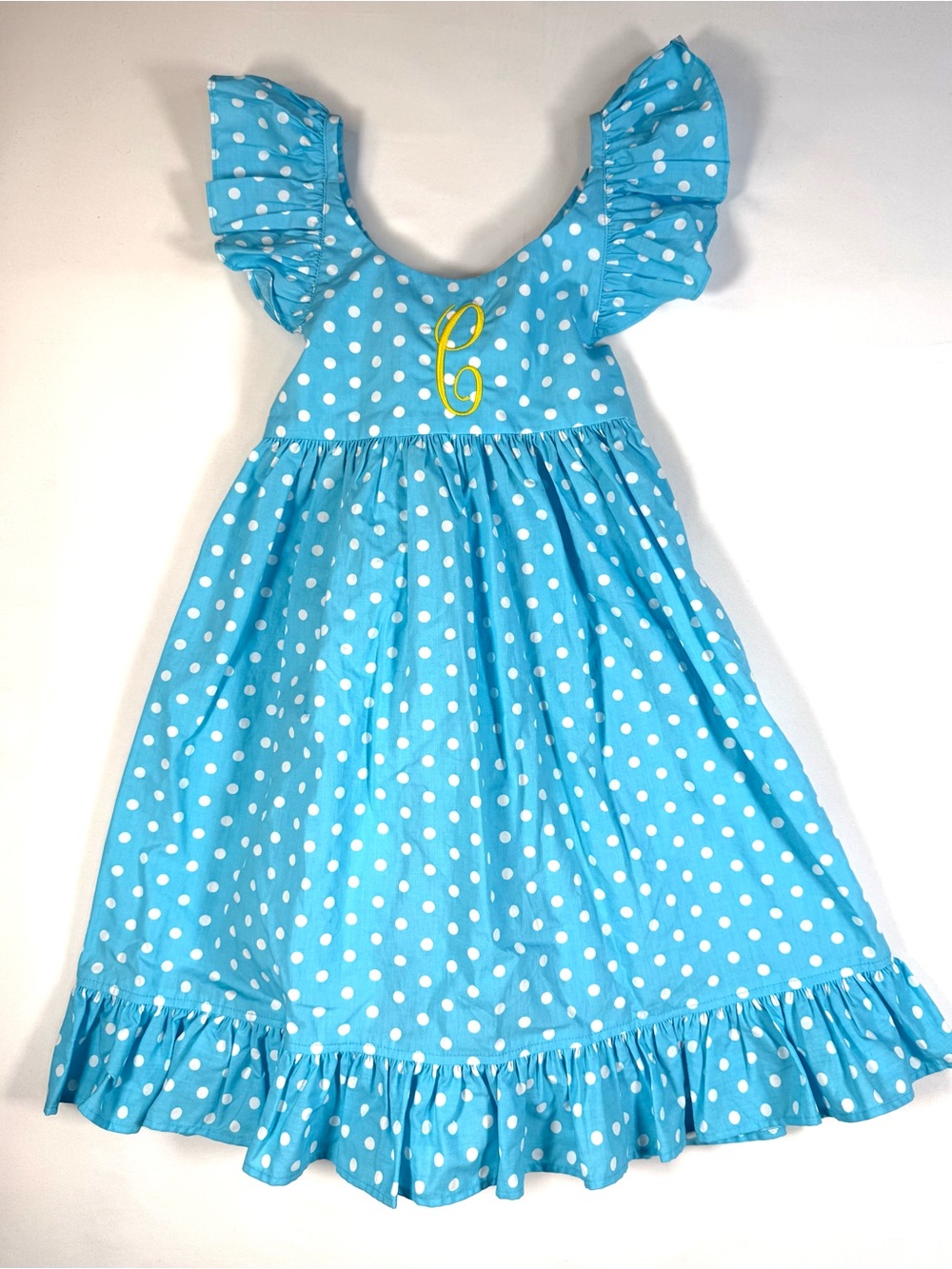 KELLYS KIDS Turquoise Polka Dot Monogram C Dress 6-7 Coastal Preppy Cottagecore